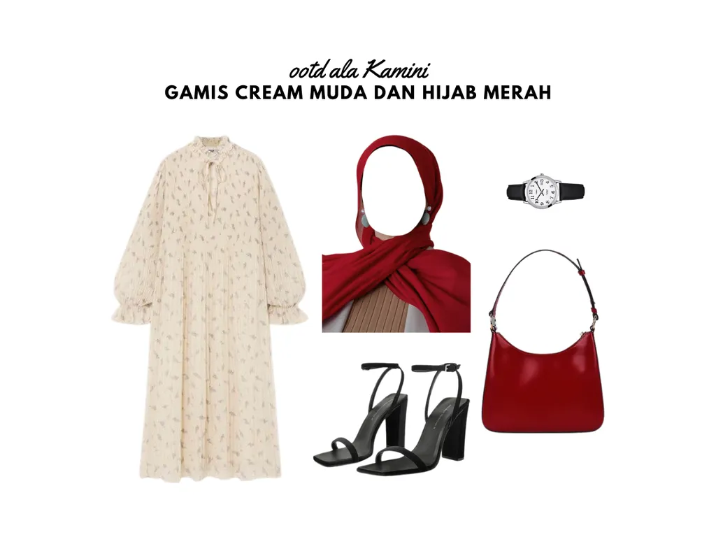 Gamis Cream Muda dan Hijab Merah_