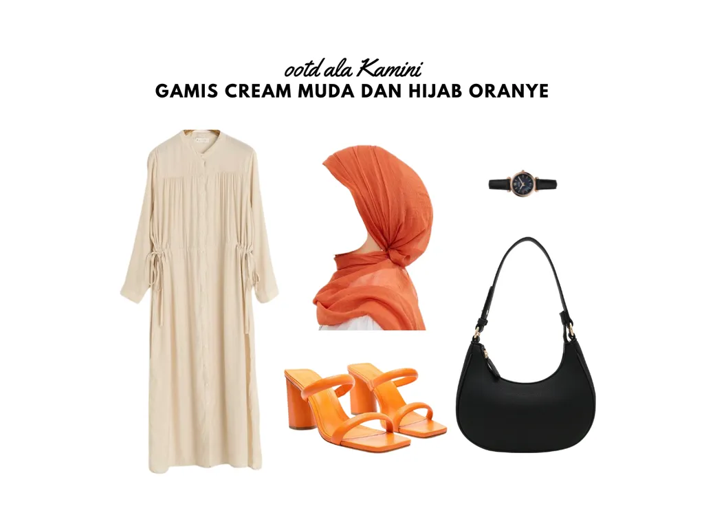 Gamis Cream Muda dan Hijab Oranye_