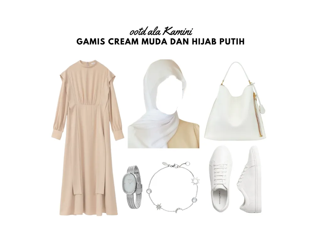 Gamis Cream Muda dan Hijab Putih_
