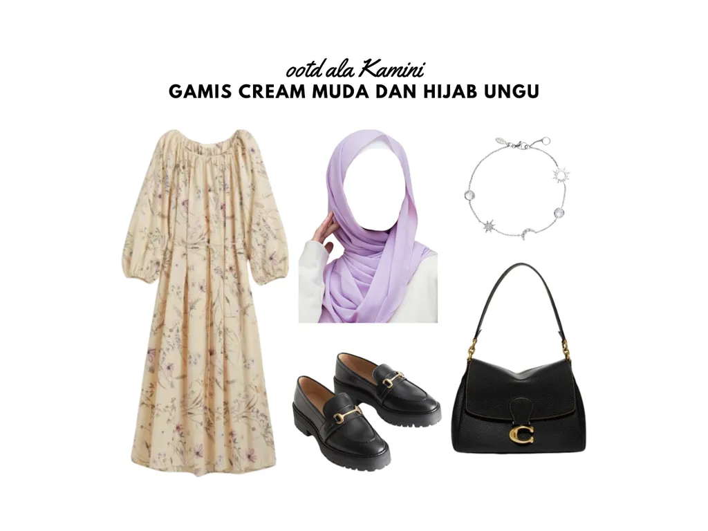Gamis Cream Muda dan Hijab Ungu_