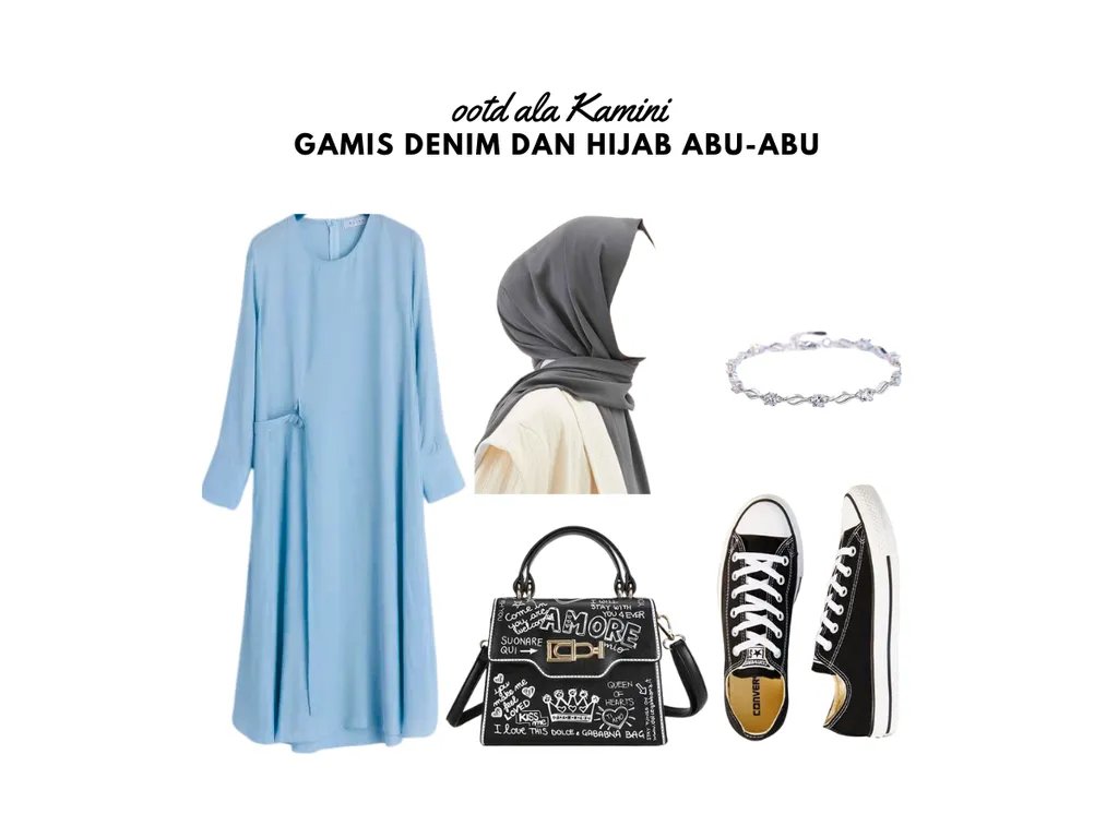 Gamis Denim dan Hijab Abu-Abu_