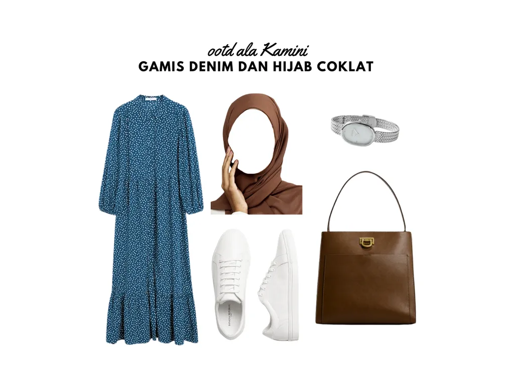 Gamis Denim dan Hijab Cokelat_
