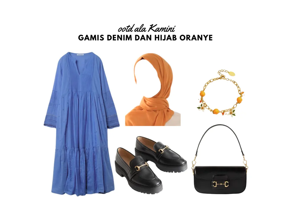 Gamis Denim dan Hijab Oranye_