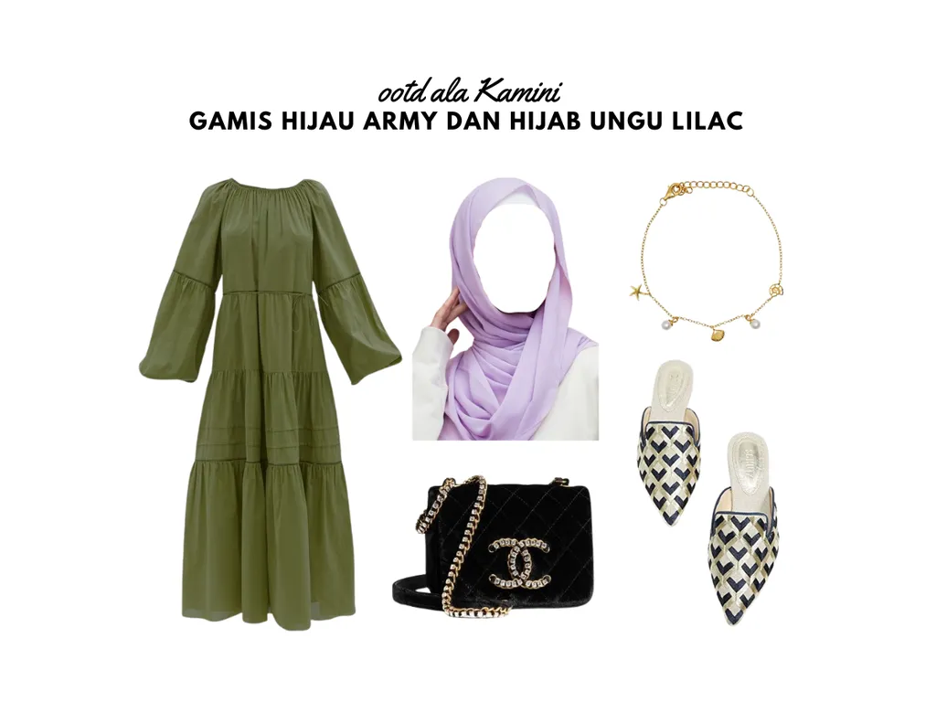 Gamis Hijau Army dan Jilbab Lilac_