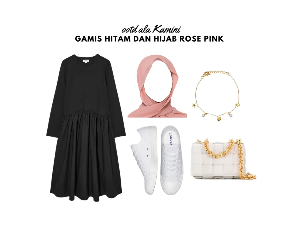 Gamis Hitam dan Hijab Rose Pink_