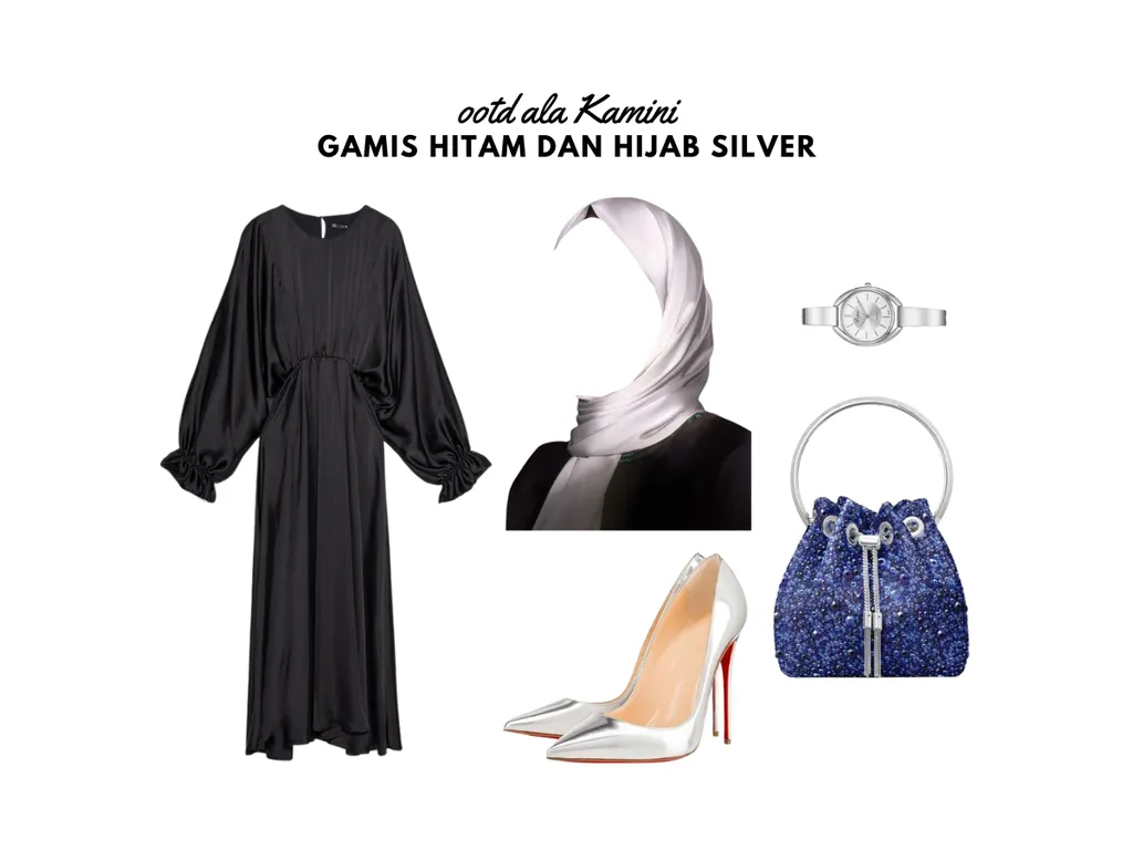 Gamis Hitam dan Hijab Silver_