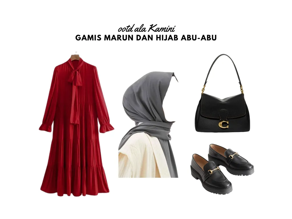 Gamis Marun dan Hijab Abu-Abu_