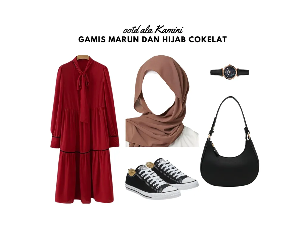 Gamis Marun dan Hijab Cokelat_