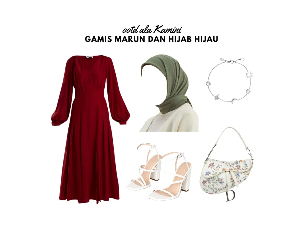 Gamis Marun dan Hijab Hijau Sage_
