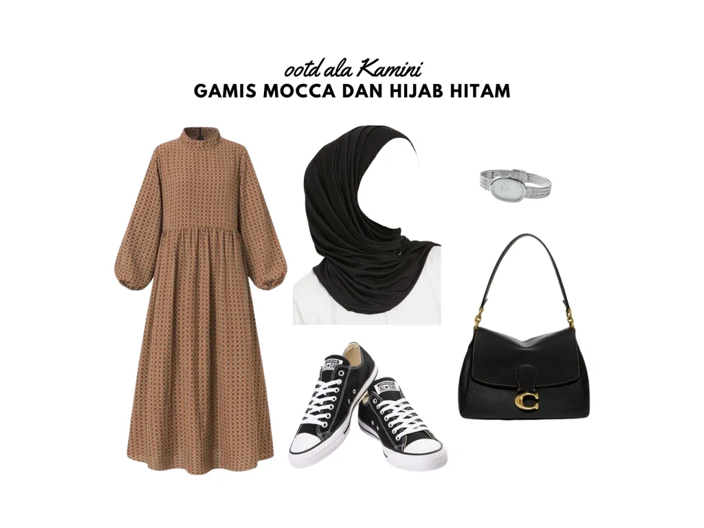 Gamis Mocca dan Hijab Hitam_