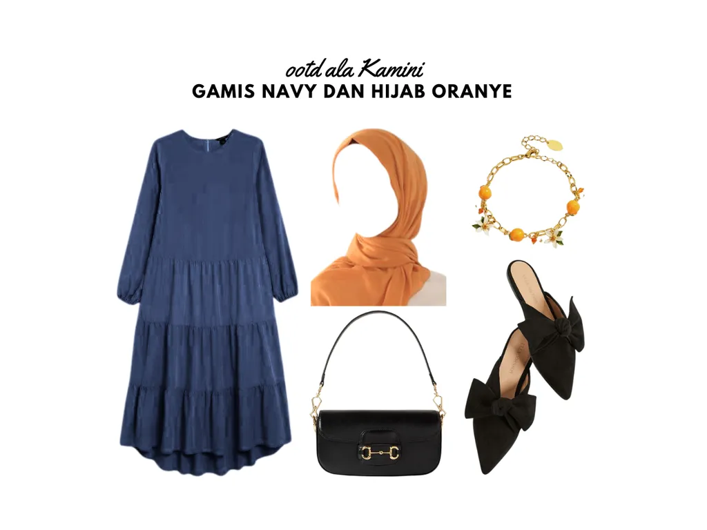 Gamis Navy dan Hijab Oranye_