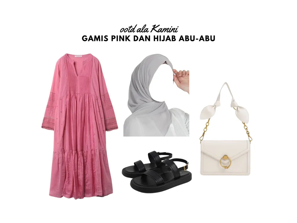 Gamis Pink dan Hijab Abu-Abu_