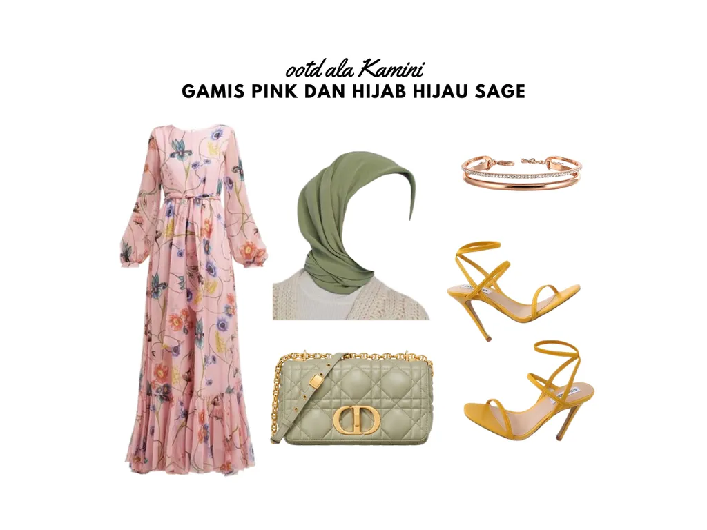 Gamis Pink dan Hijab Hijau Sage_