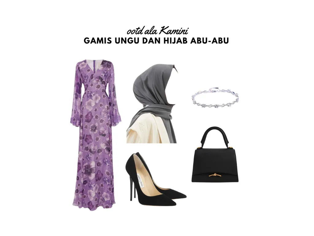 Gamis Ungu dan Hijab Abu-Abu_