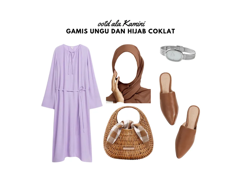 Gamis Ungu dan Hijab Cokelat_