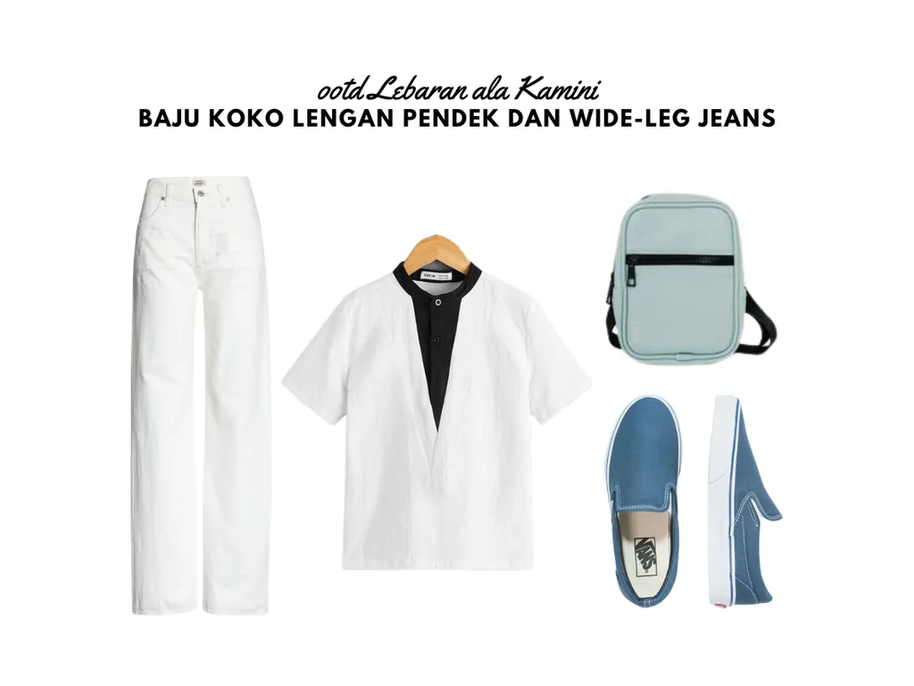 OOTD Lebaran Pria - Baju Koko Lengan Pendek dan Wide-Leg Jeans_