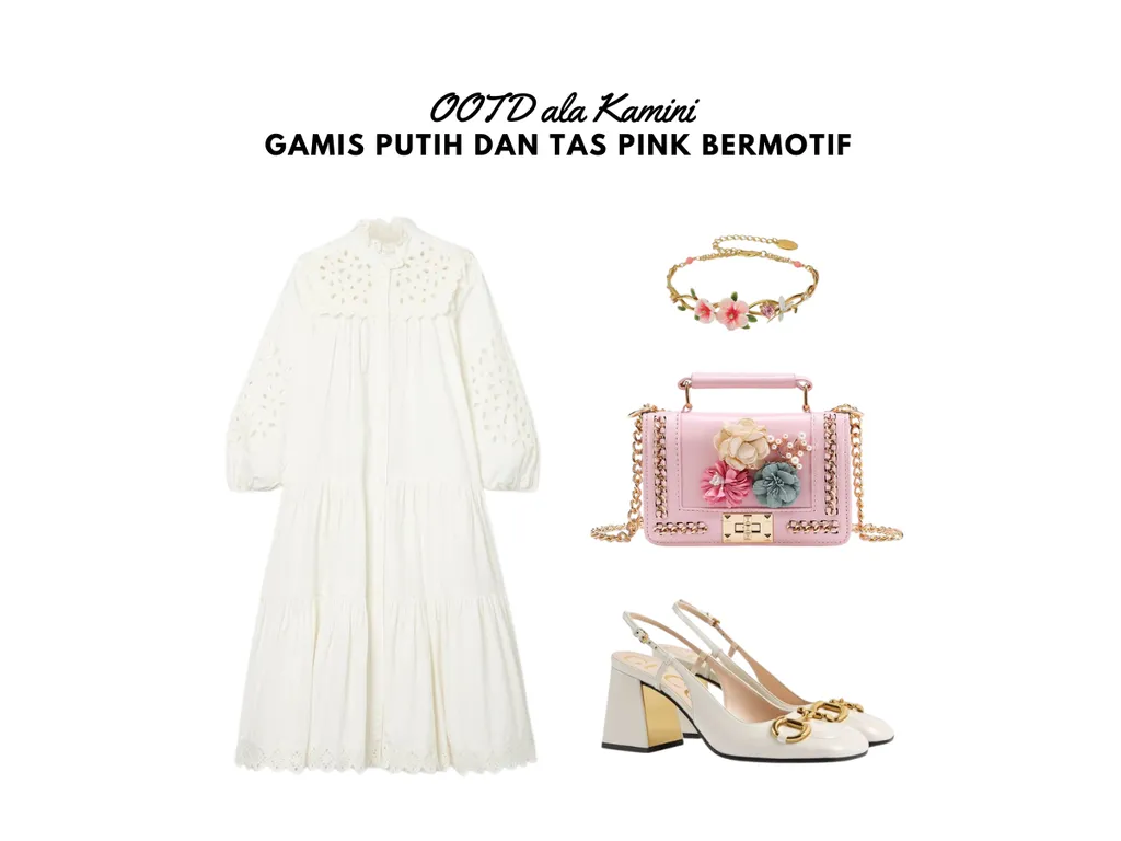 OOTD Gamis Putih dan Tas Pink Bermotif_