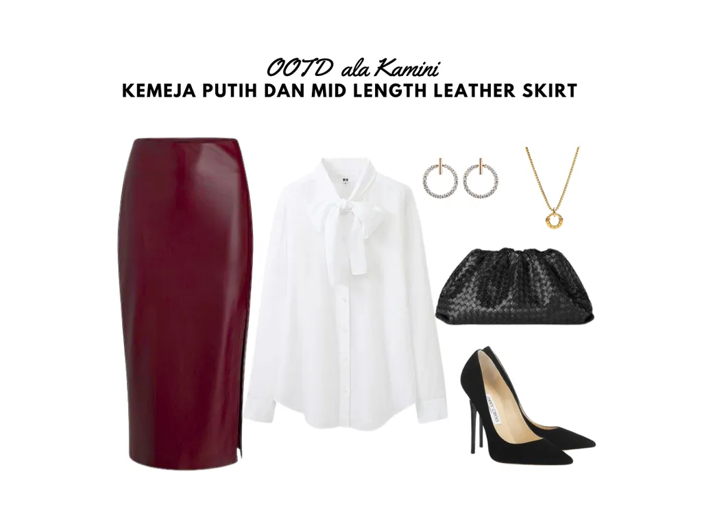 Kemeja Putih dan Mid Length Leather Skirt_