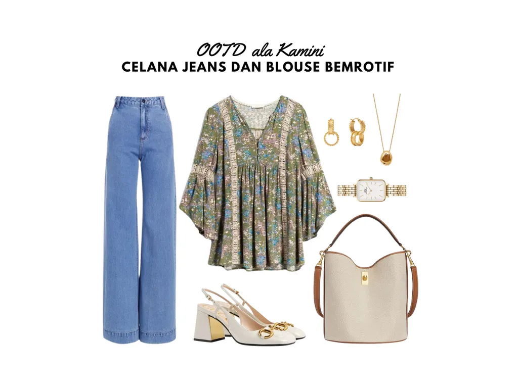 OOTD Celana Jeans dan Blouse Bermotif_
