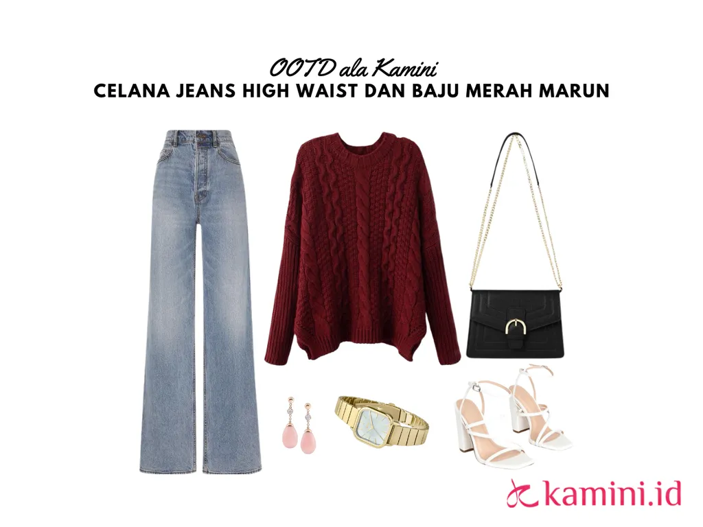 celana jeans high waist dan baju merah marun_