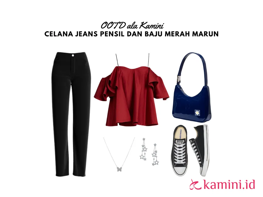 celana jeans pensil dan baju merah marun_