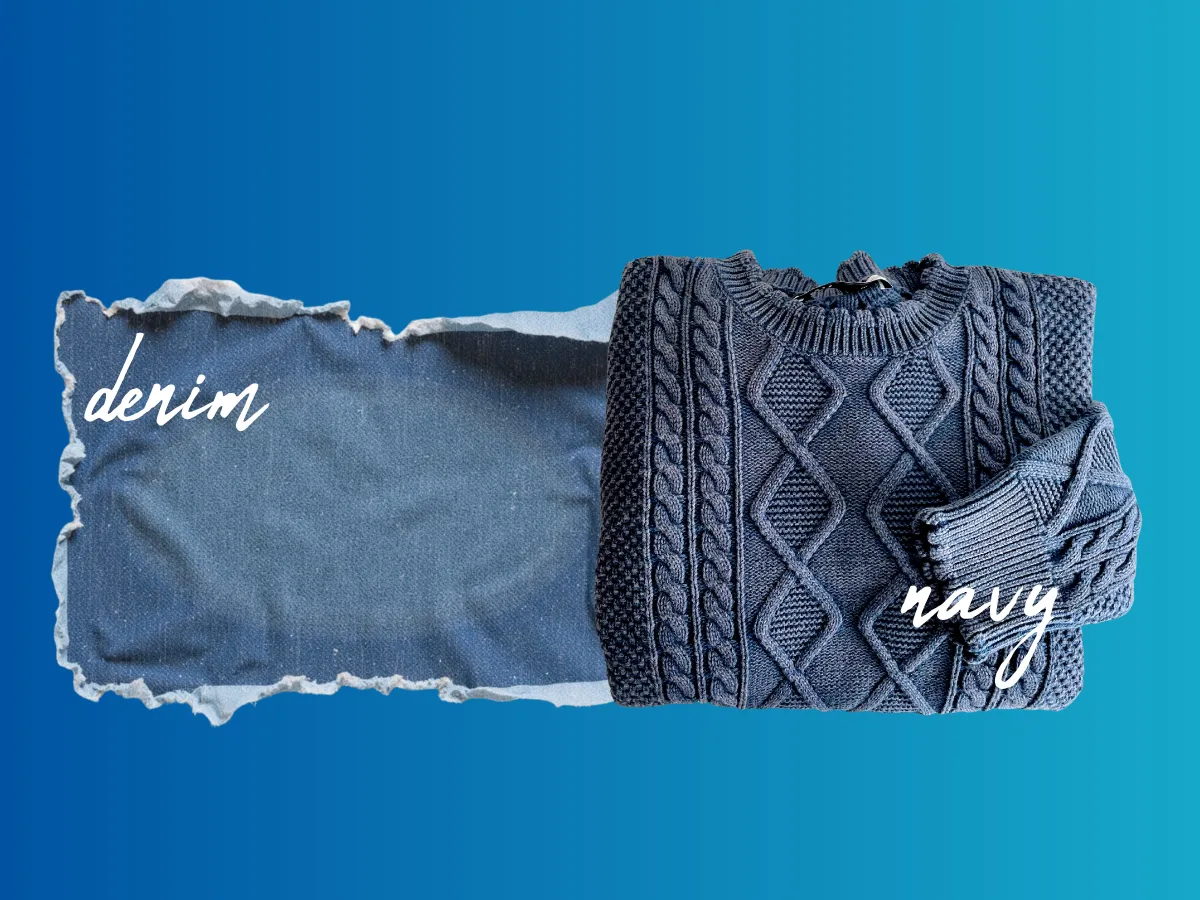 2. Tekstur dan Material Denim itu Kain, Navy itu Warna_